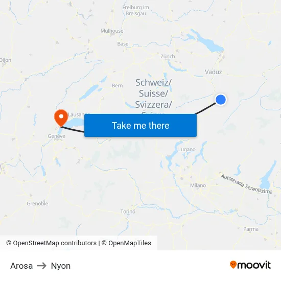 Arosa to Nyon map