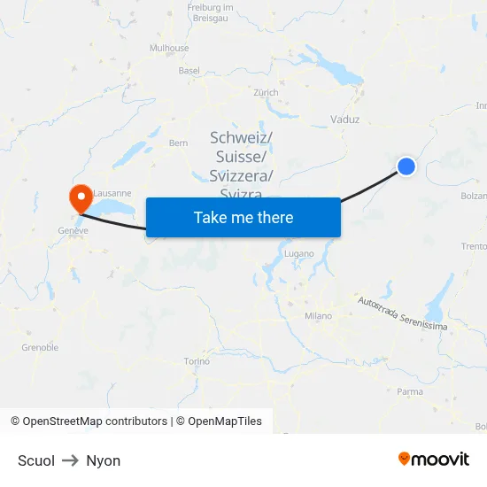 Scuol to Nyon map