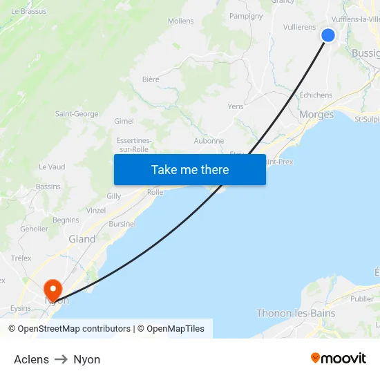 Aclens to Nyon map
