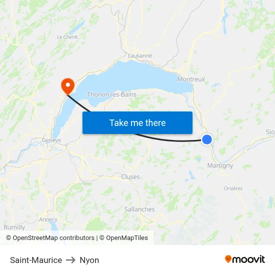 Saint-Maurice to Nyon map