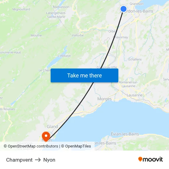 Champvent to Nyon map