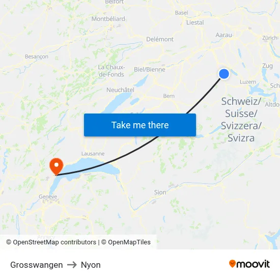 Grosswangen to Nyon map