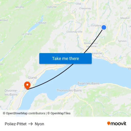 Poliez-Pittet to Nyon map