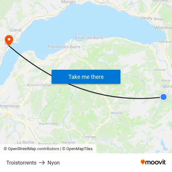 Troistorrents to Nyon map