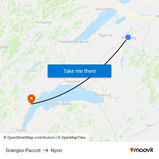 Granges-Paccot to Nyon map