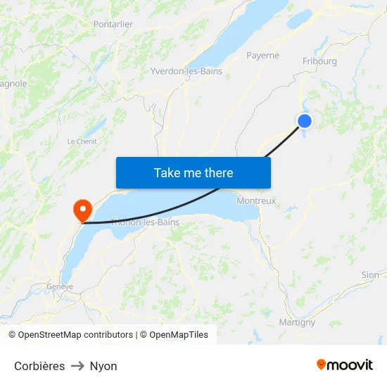 Corbières to Nyon map