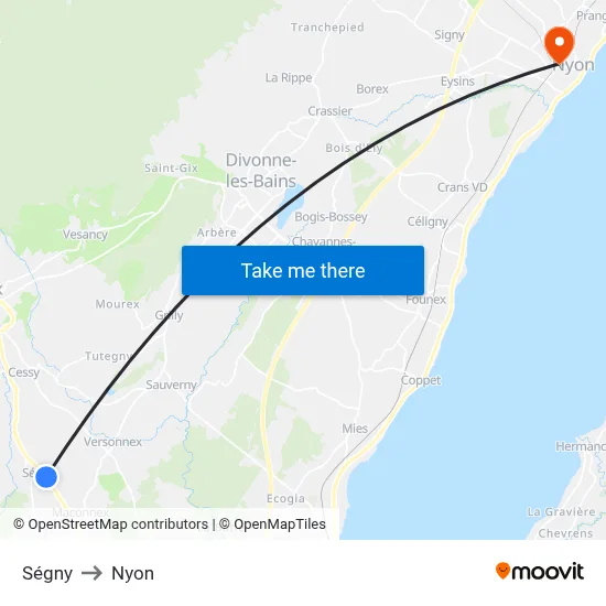 Ségny to Nyon map