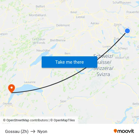 Gossau (Zh) to Nyon map