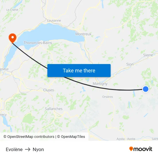 Evolène to Nyon map