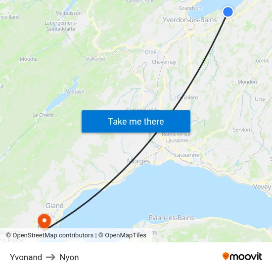 Yvonand to Nyon map