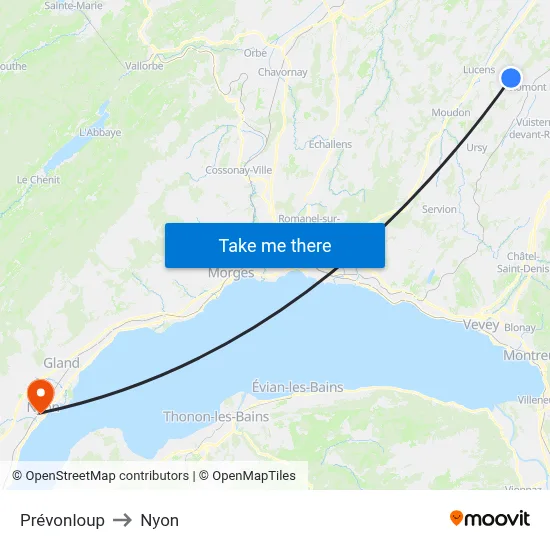 Prévonloup to Nyon map