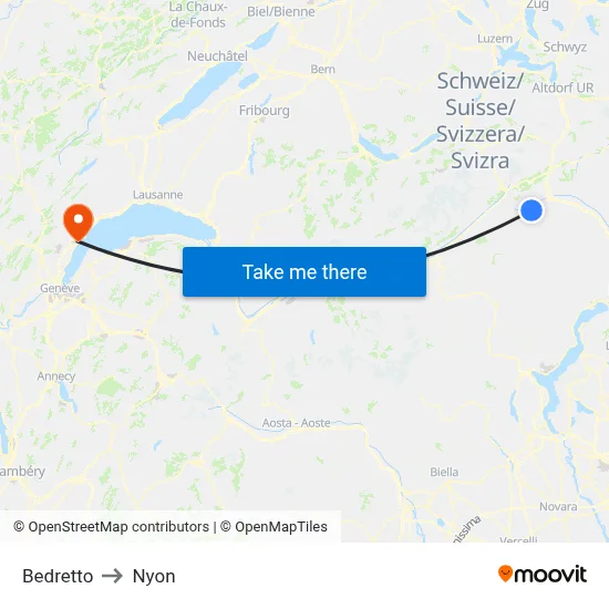 Bedretto to Nyon map
