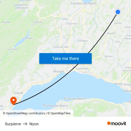 Surpierre to Nyon map