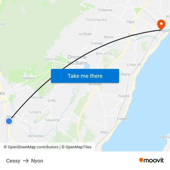 Cessy to Nyon map