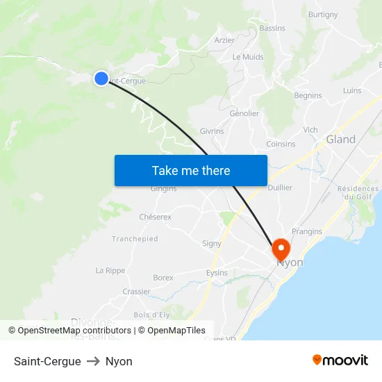 Saint-Cergue to Nyon map