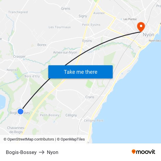 Bogis-Bossey to Nyon map
