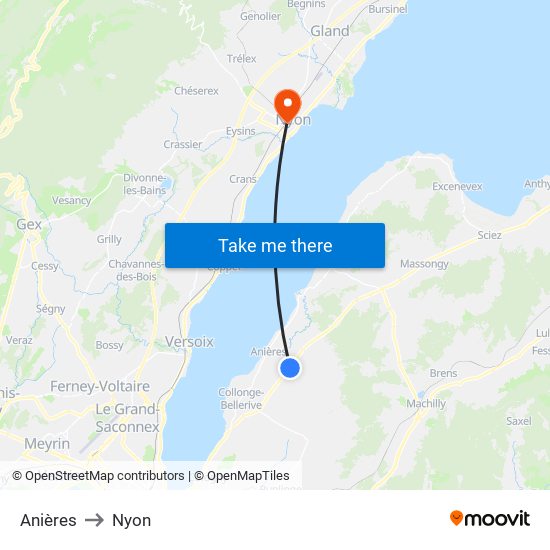 Anières to Nyon map
