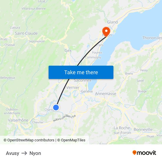 Avusy to Nyon map