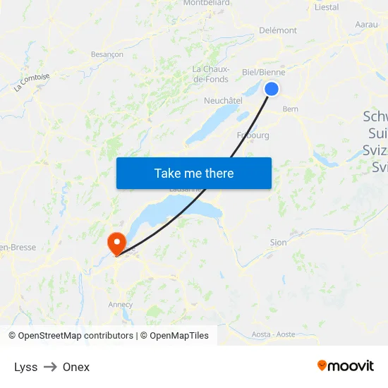 Lyss to Onex map