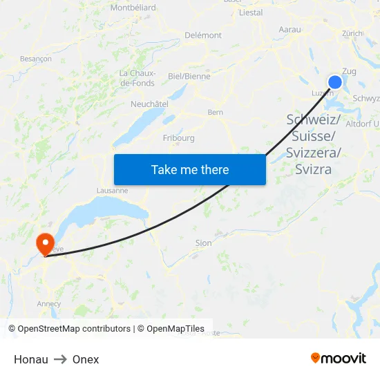 Honau to Onex map