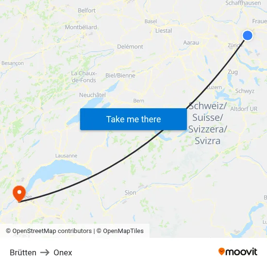 Brütten to Onex map