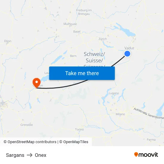 Sargans to Onex map