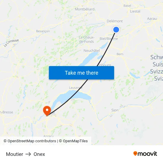 Moutier to Onex map