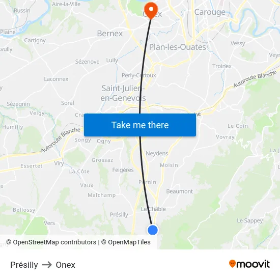 Présilly to Onex map