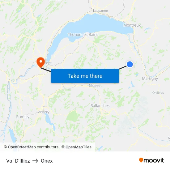 Val-D'Illiez to Onex map