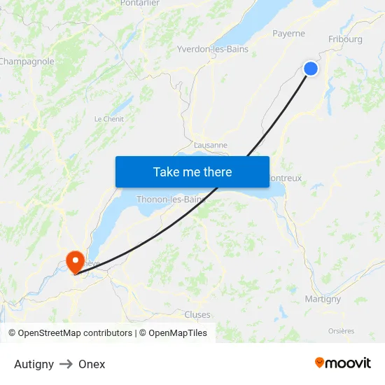 Autigny to Onex map