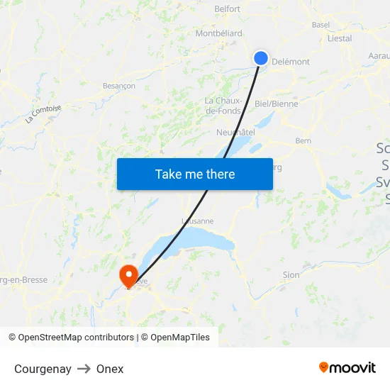 Courgenay to Onex map