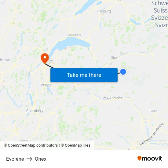 Evolène to Onex map
