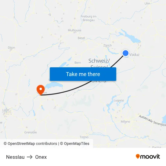 Nesslau to Onex map