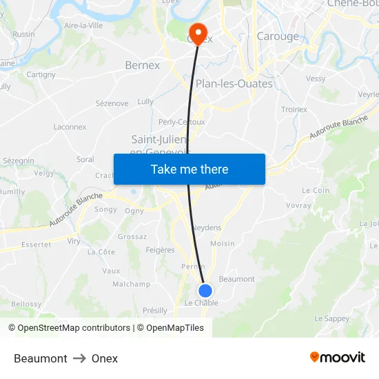 Beaumont to Onex map