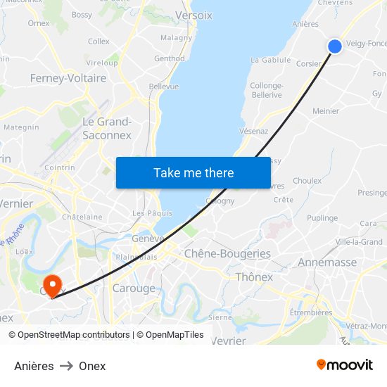 Anières to Onex map