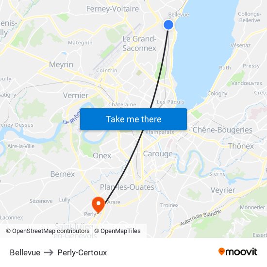 Bellevue to Perly-Certoux map