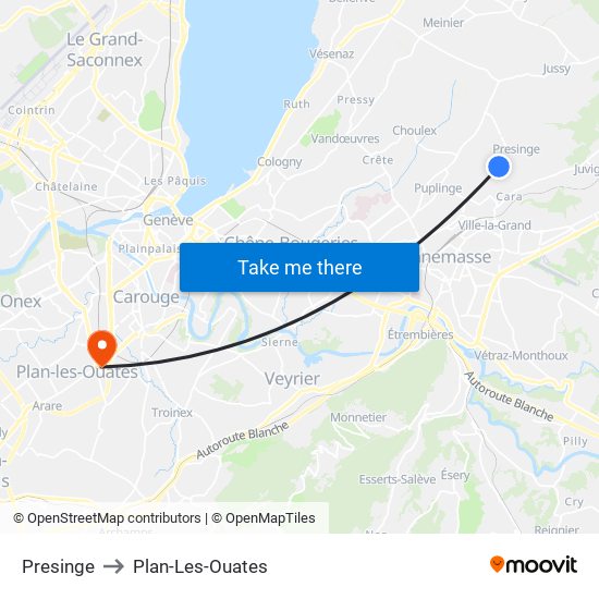 Presinge to Plan-Les-Ouates map