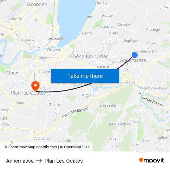 Annemasse to Plan-Les-Ouates map