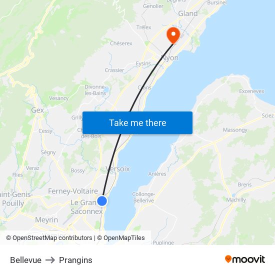 Bellevue to Prangins map