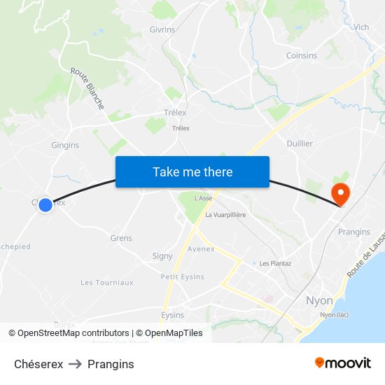 Chéserex to Prangins map