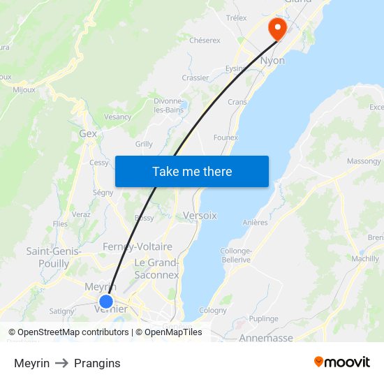 Meyrin to Prangins map