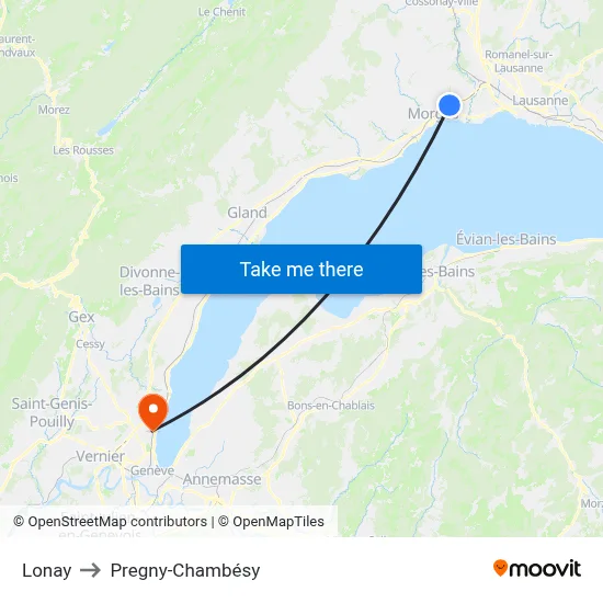 Lonay to Pregny-Chambésy map