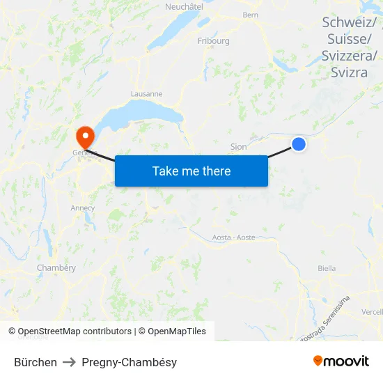 Bürchen to Pregny-Chambésy map