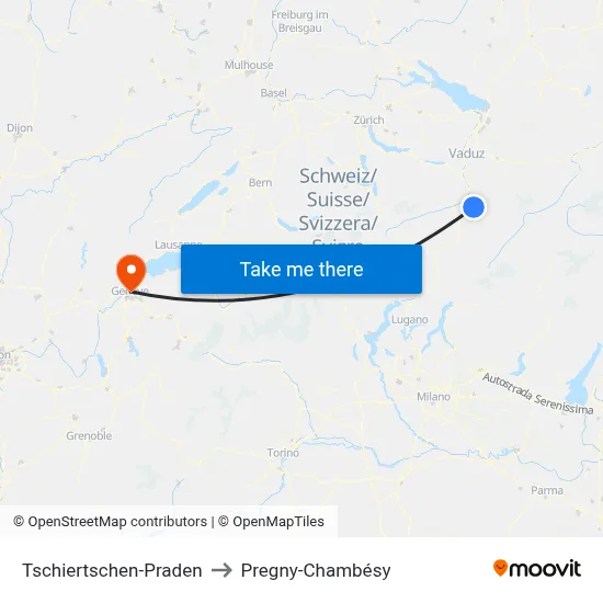 Tschiertschen-Praden to Pregny-Chambésy map