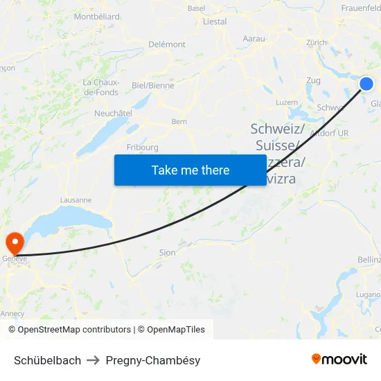 Schübelbach to Pregny-Chambésy map