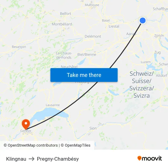 Klingnau to Pregny-Chambésy map