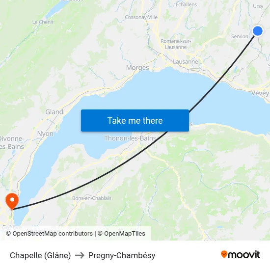 Chapelle (Glâne) to Pregny-Chambésy map