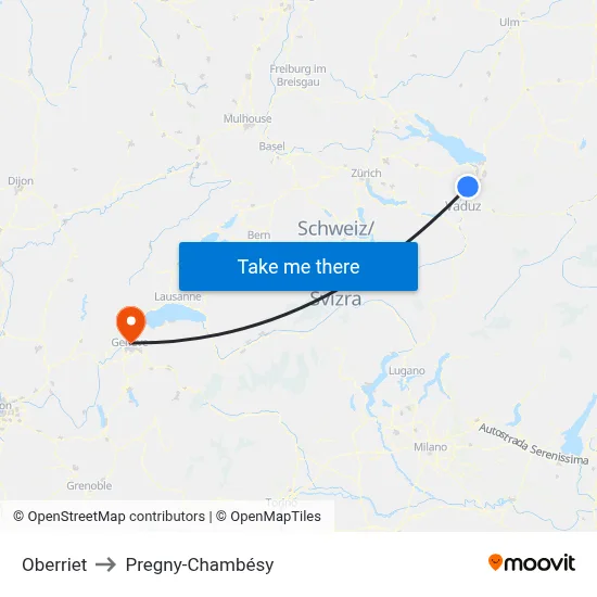 Oberriet to Pregny-Chambésy map