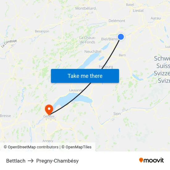 Bettlach to Pregny-Chambésy map