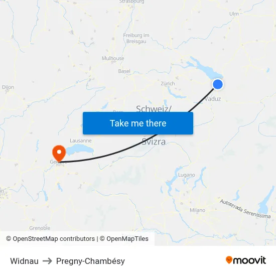 Widnau to Pregny-Chambésy map